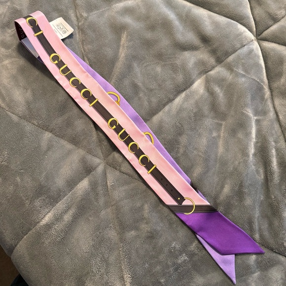 Gucci Purple & Pink Silk Belt-Print Twilly Scarf - Picture 8 of 9